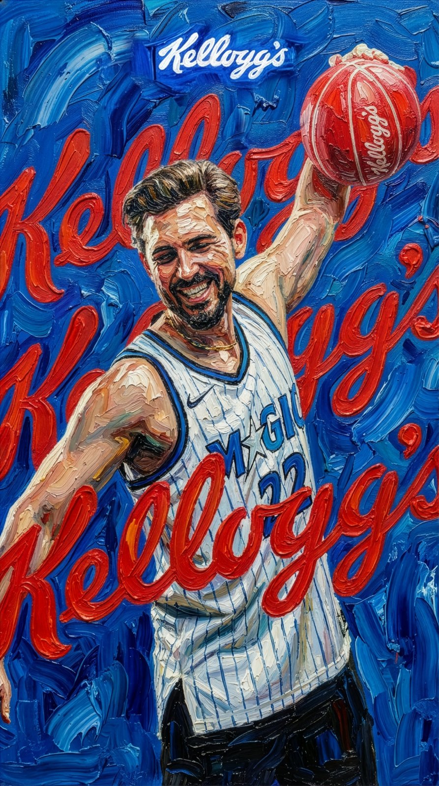 Gemaltes Actionbild eines Creators im Orlando-Magic-Trikot mit rotem Kellogg’s-Basketball