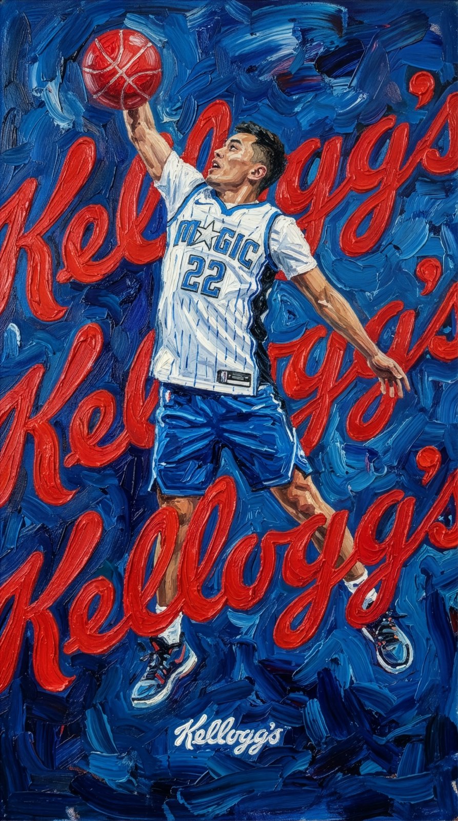 Gemaltes Actionbild einer Creatorin oder eines Creators im Orlando-Magic-Trikot mit Kellogg’s-Basketball (2 von 12)