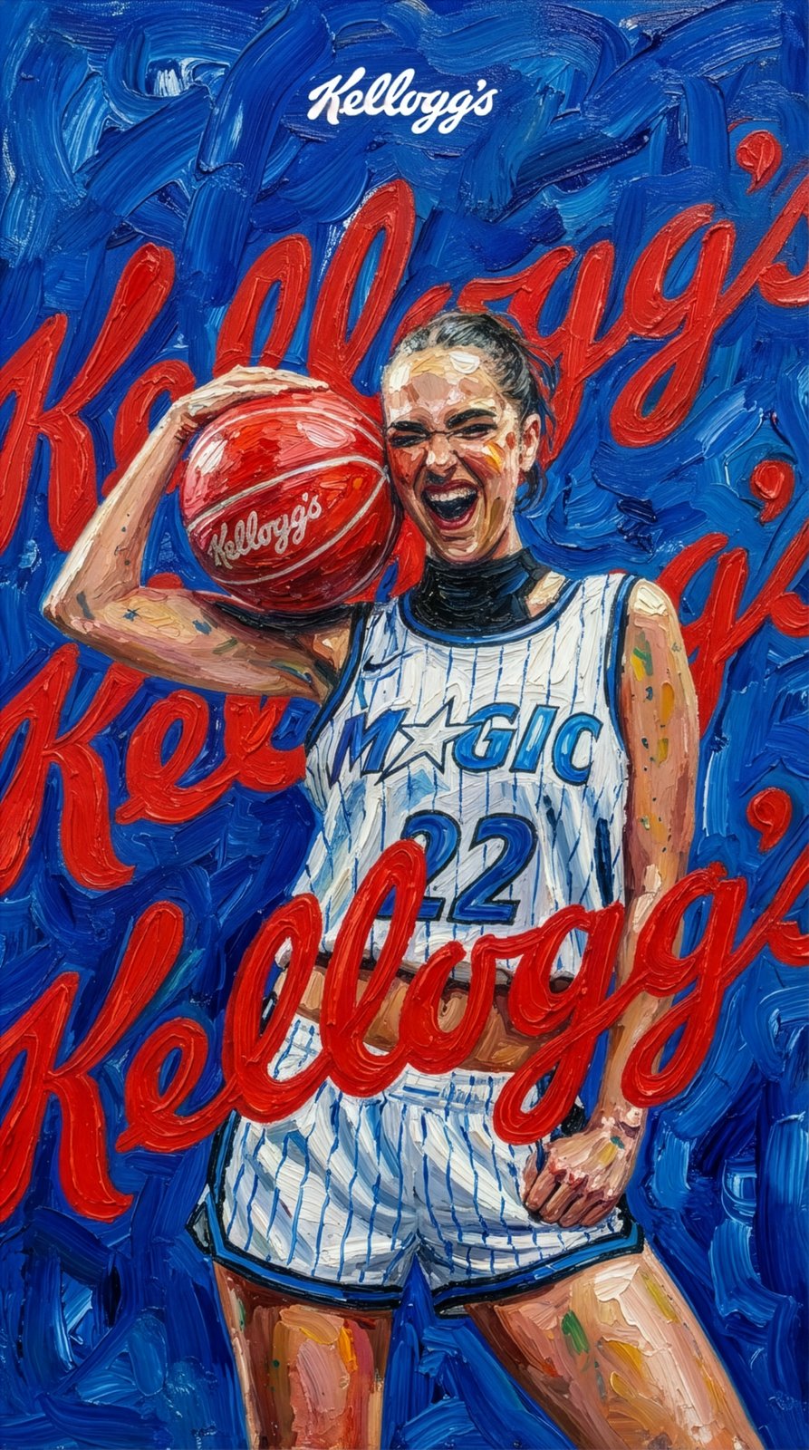 Gemaltes Actionbild einer Basketballerin im Orlando-Magic-Trikot mit rotem Kellogg's-Basketball