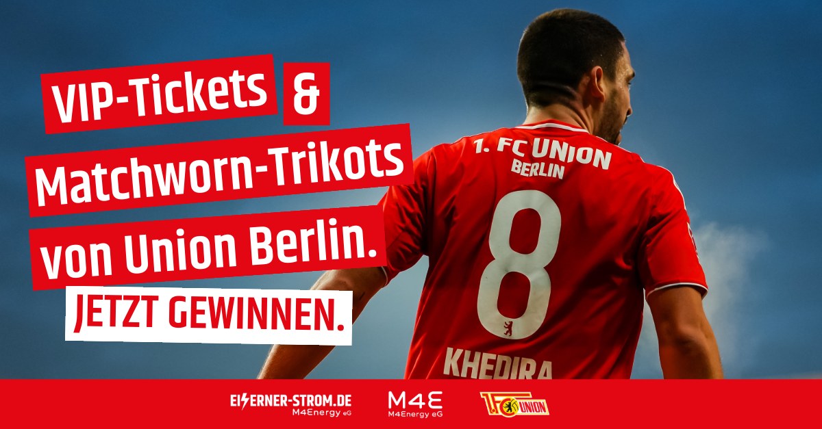 Kampagnenmotiv: „VIP-Tickets & Matchworn-Trikots von Union Berlin. Jetzt gewinnen.“ – Spieler mit der Nummer 8 von hinten