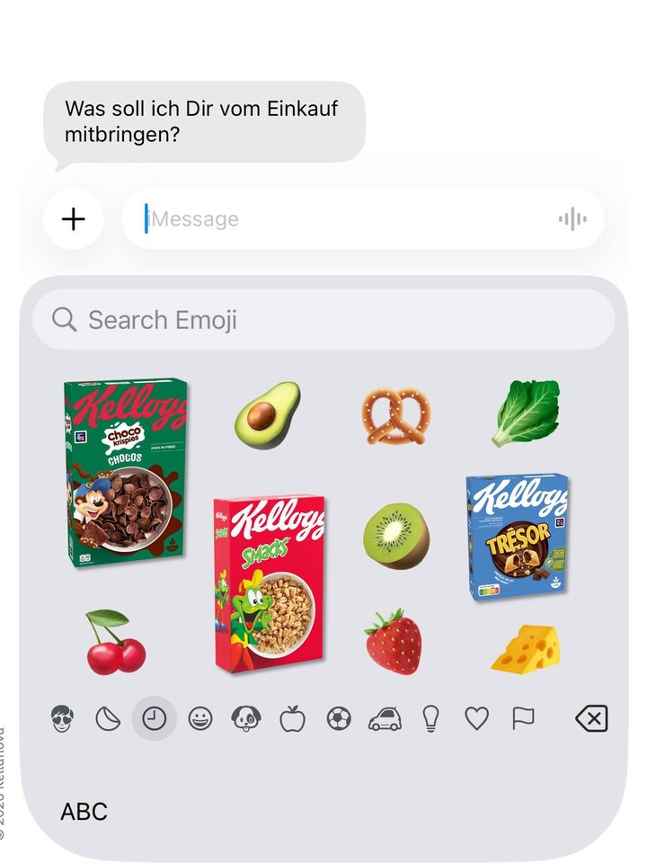 iMessage-Emoji-Tastatur mit Kellogg’s-Packungen zwischen Obst-Emojis